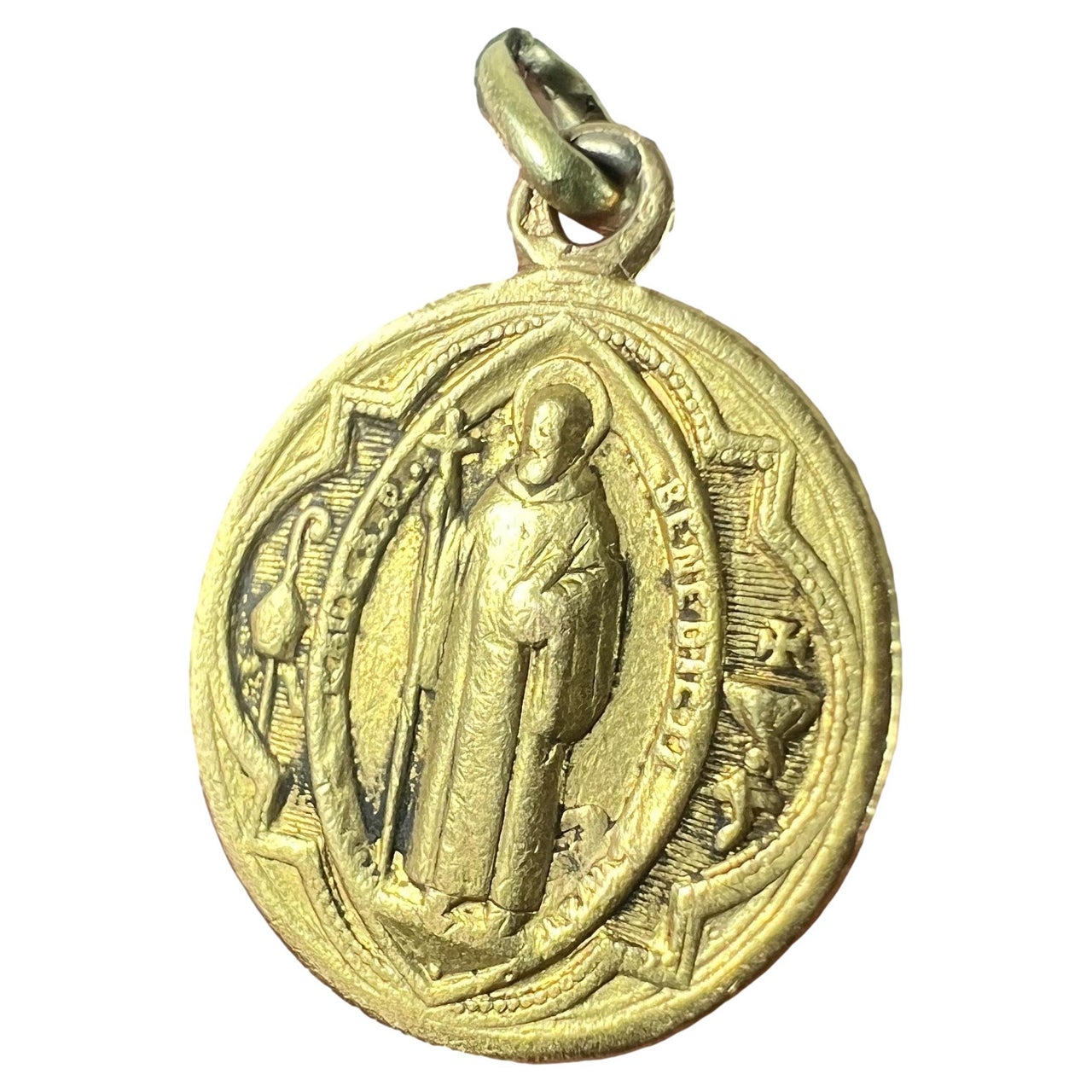 Antique French 18k gold Saint Benedict medal, circa 19th century, available on 1stDibs