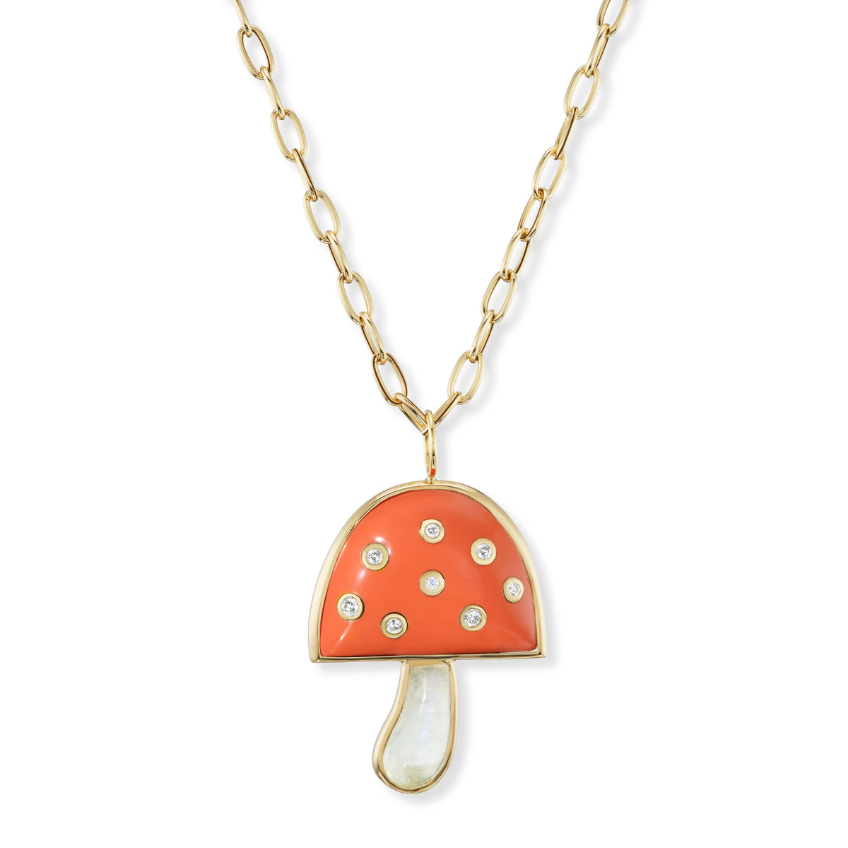 Brent Neale Large Magic Mushroom Pendant with coral cap, rainbow moonstone, and diamonds in 18K yellow gold