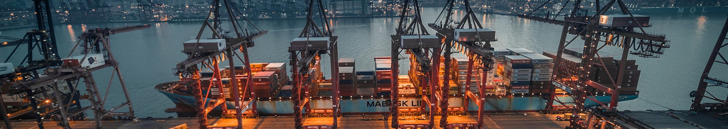Container ship at dock with gantry cranes, cropped wide